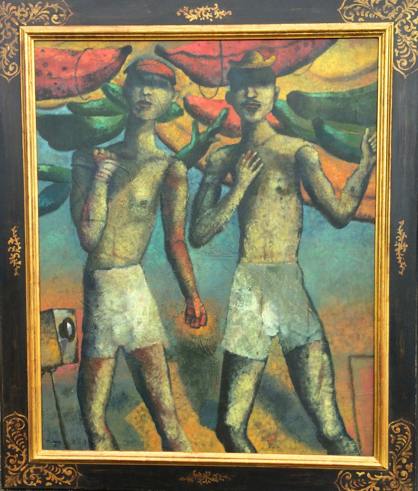 Erwin Guillermo (Guatemala, 1951- ) "Pugilistas" 1991 oil on canvas 43"x36" with the frame 56"x48"